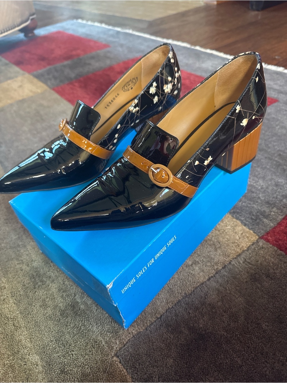 John Fluevog Floral Patent Mary Jane Block Heel Pumps